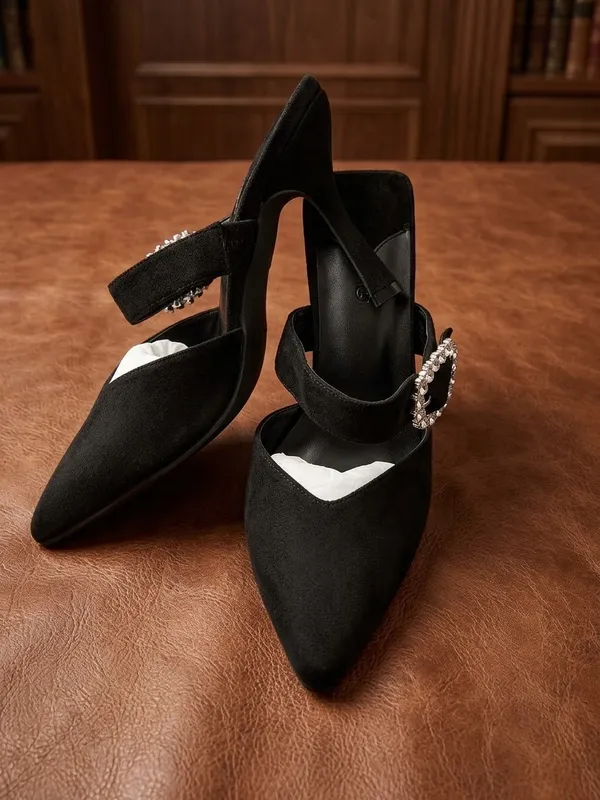 Women's Black Suede Pointed Toe Mule Heels with Rhinestone Buckle Strap - Image 2