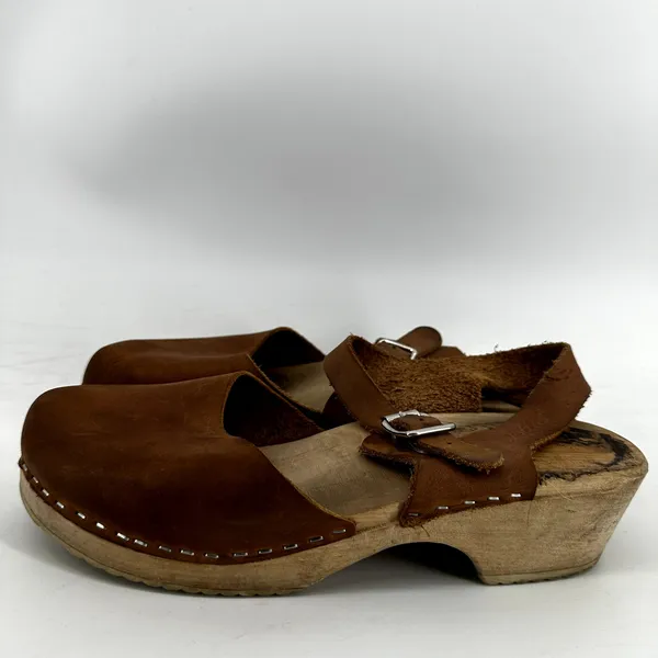 Lotta Highwood Clogs Leather Ankle Strap Heel Closed Toe Wood Cognac Brown 9 - Image 4