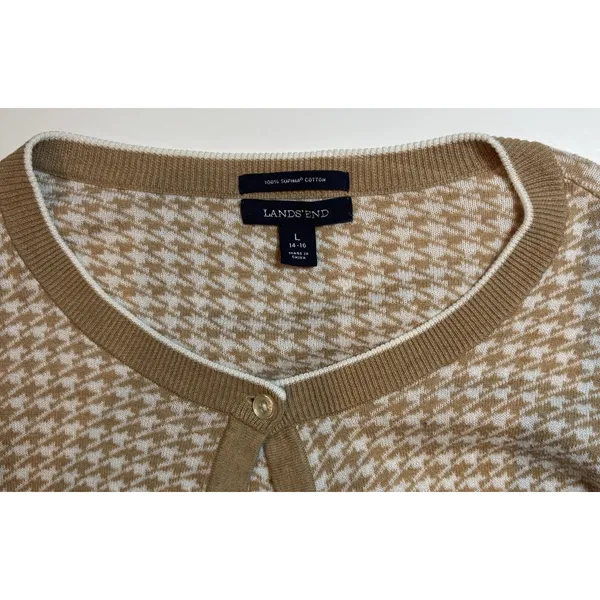 LANDS' END Women's Supima Cotton Cardigan Sweater Long Sleeve Houndstooth LARGE‎ - Image 3