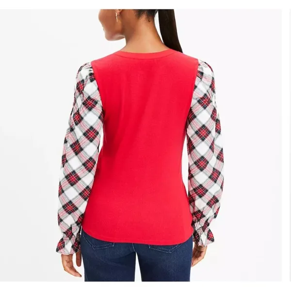 LOFT Women’s Ribbed Henley Red Plaid Mixed Media‎ Puff Shirred Ruffle Sleeves S - Image 4