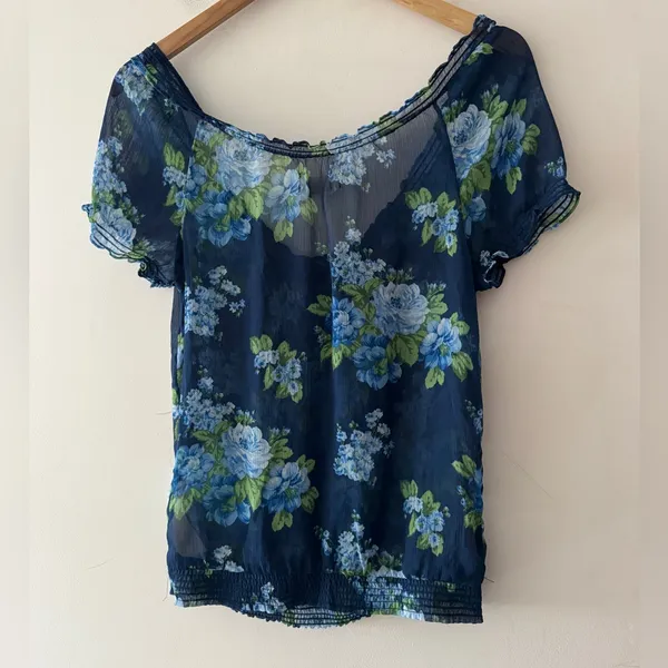 Abercrombie & Fitch Blue Floral Y2K Ruffle Babydoll‎ Top - Image 4