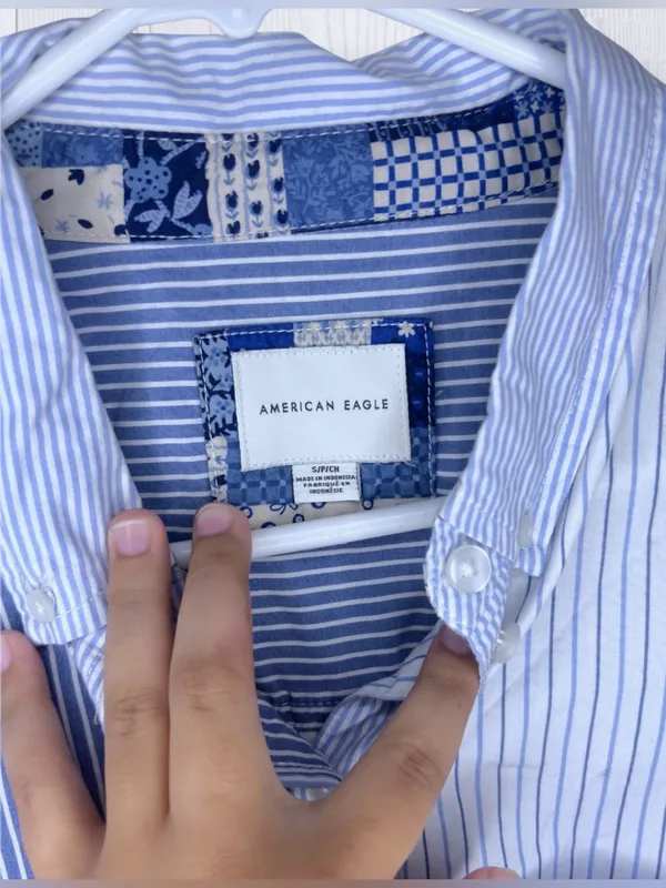 AMERICAN EAGLE Mixed Stripe Cropped Button-Up Shirt | Blue & White - Image 6