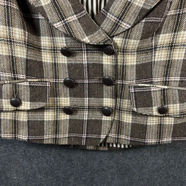 Forever Brown Plaid Wool Blend Cropped Short Sleeve Blazer Jacket Large Y2K - Image 10