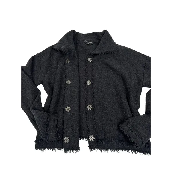 Eileen Fisher Gray 100% Merino Wool Fringed Snap Front Cardigan Jacket Small - Image 3