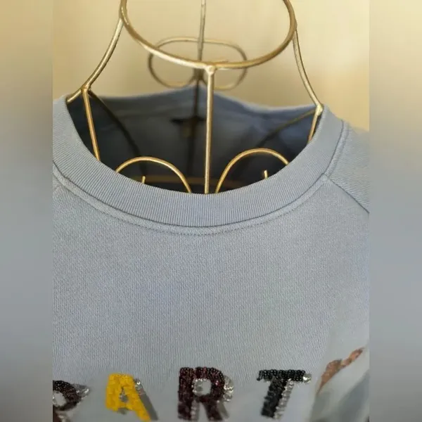 Aerie PARTY Sequin Graphic Crewneck Sweatshirt Light Blue Size M - Image 8