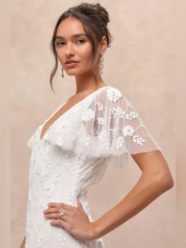 Lulu's Safiya White Sequin Flutter Sleeve Maxi Dress - Image 3