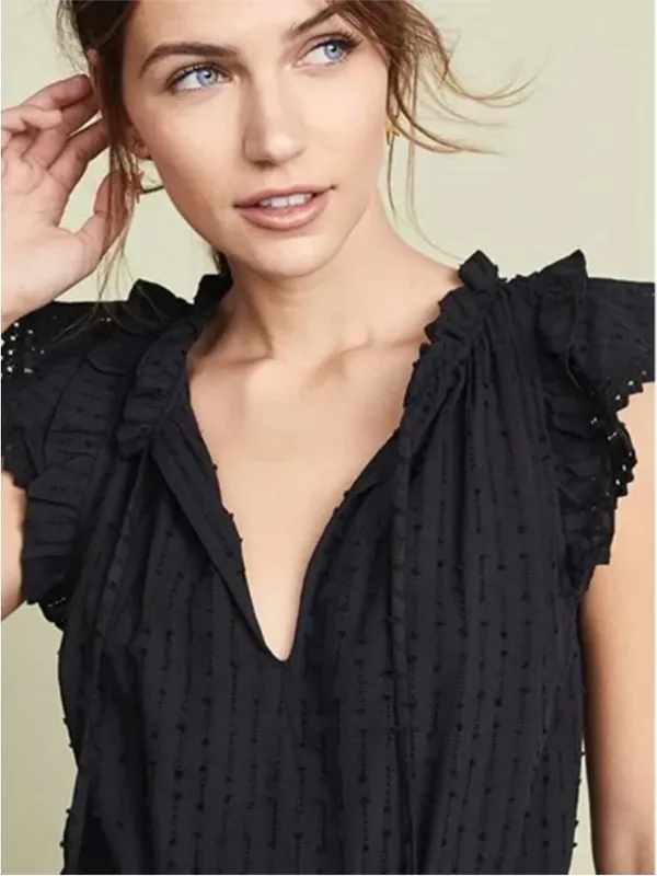 Misa Lillian Black Sleeveless Ruffle Eyelet V-neck Tiered Mini Dress Size Small - Image 14