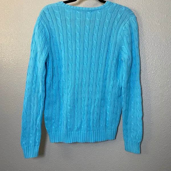 100% Cotton Ralph Lauren Sport Cable Knit Sweater Large Blue Orange Pony V Neck - Image 2