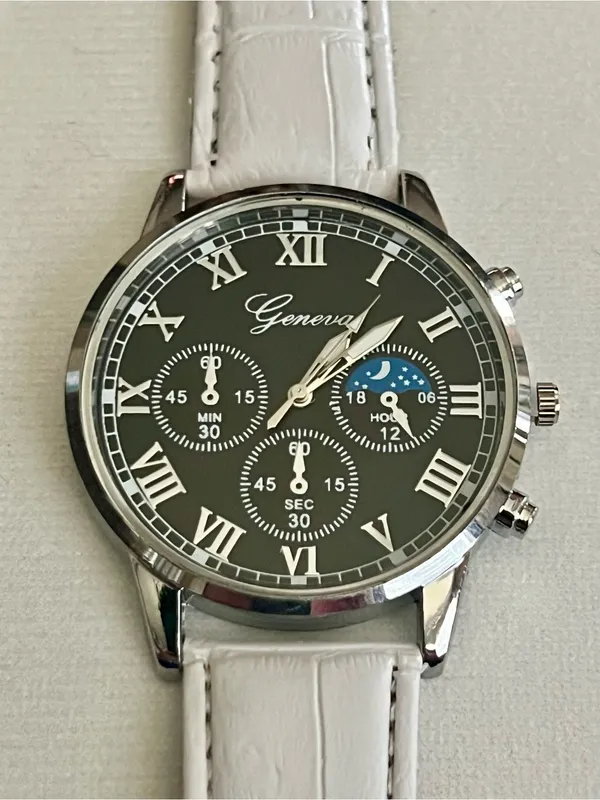 Geneva Unisex White Leather Band Roman Numerals NWT - Image 3