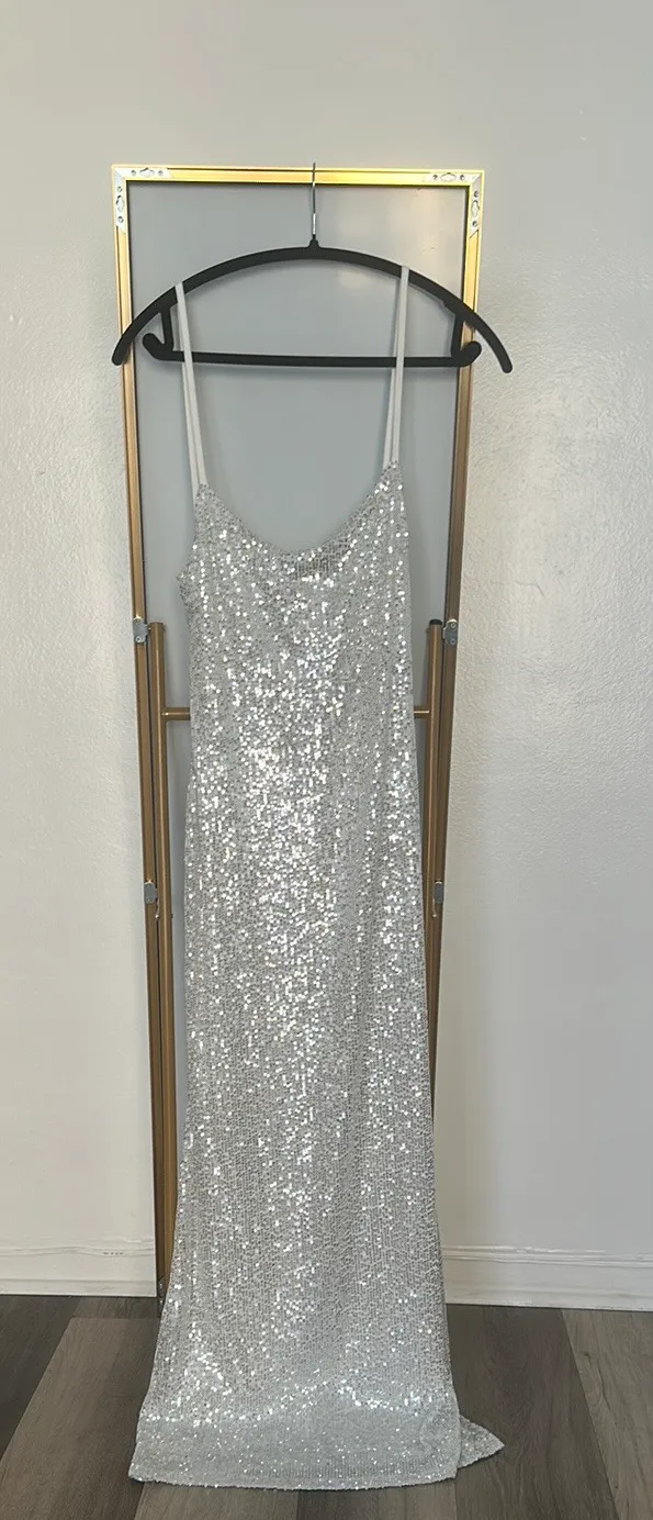 Spaghetti Straps Sequin Maxi Dress Silver - Image 5