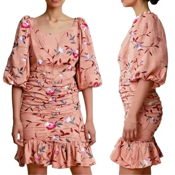 ByTimo Ruched Floral Embroidered Jacquard Dress Balloon Sleeves Coral Size XS - Image 14