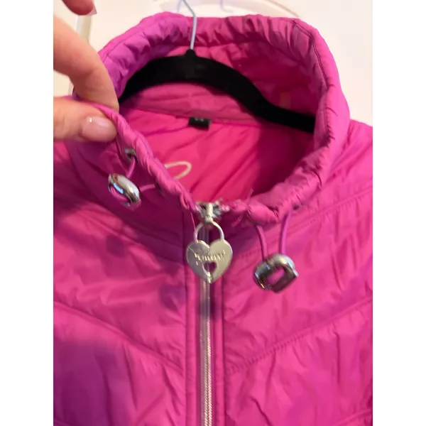 Guess Womens Fuchsia‎ Pink Quilted Puffer Jacket Heart Padlock Zip Size Large - Image 4