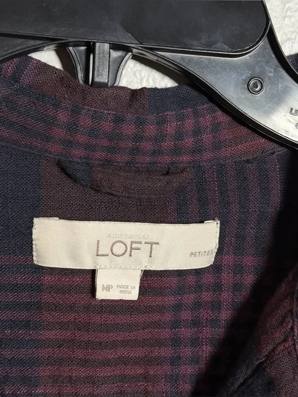 Loft‎ Women Purple/Black Plaid Long Sleeve Button Up Dress Belt size M Petite - Image 6