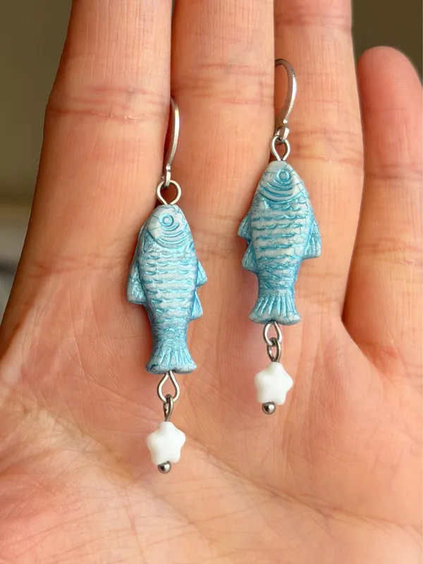 Handmade quality Czech glass beads fish boho fairy dangle earrings🐟🌿 - Image 4