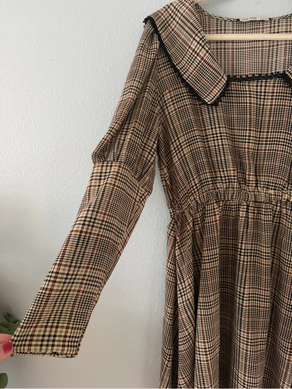 Plaid Mini Dress with Wide Sailor Collar - Brown Plaid - Image 2