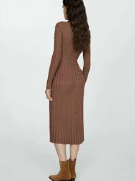Mango Ribbed Long-Sleeve Midi Dress in Brown - Image 3