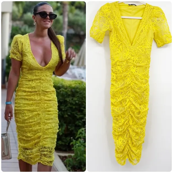 Zara Womens Blogger Fave Yellow Floral Lace‎ Ruched V-Neck Bodycon Midi Dress S - Image 2