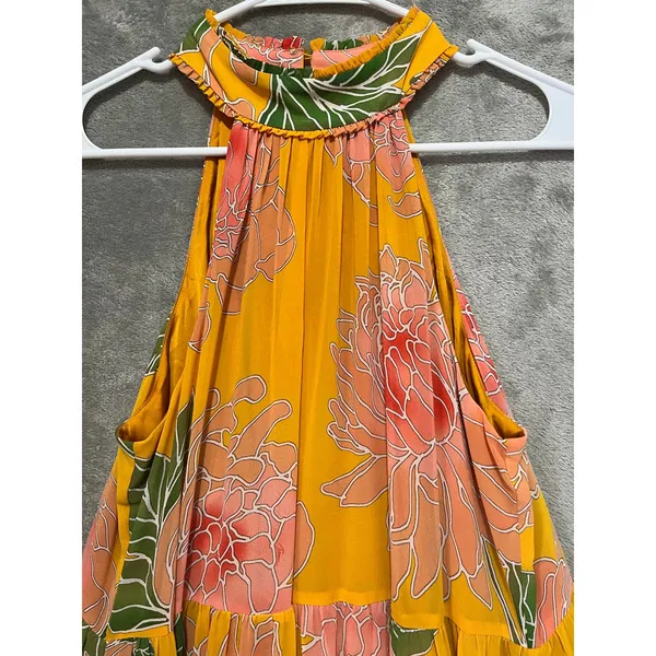 Trina Turk Yellow Floral Halter Maxi Dress Tiered Resort Boho Women’s Medium - Image 2