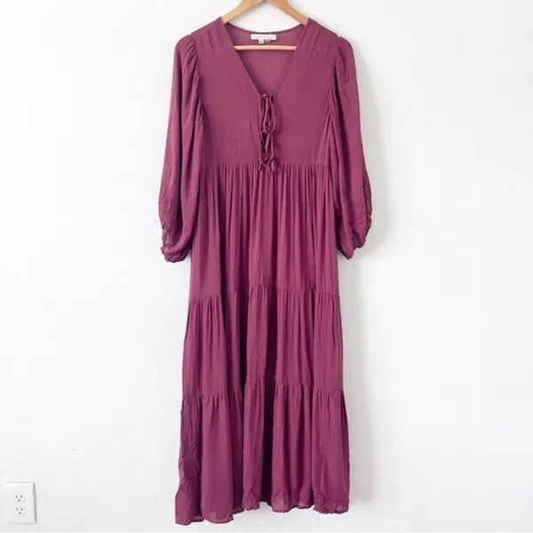 Young Fabulous & Broke Mauve Tiered Boho V Neck Midi Dress XS - Image 2