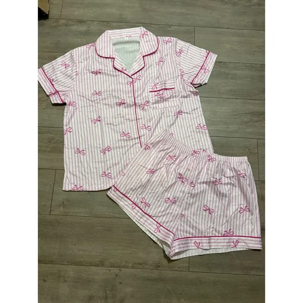 NIB- Pink Stripe Bow Print Pajama Set Short Sleeve Button Up Shorts- Large - Image 2