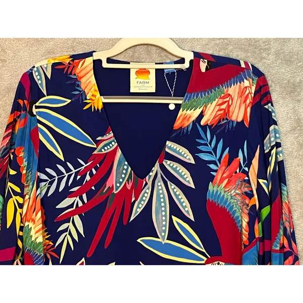 Farm Rio Kaia Blouse Small Tropical Birds Parrots Wide Sleeves Coastal Beachy - Image 4