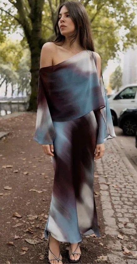 Zara midi dress layered tie dye Multicolor One-Shoulder satin evening wedding - Image 14