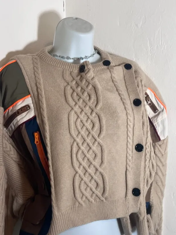 Cable Knit Button-Detail Beige Sweater with Color-Block Sleeve - Image 6