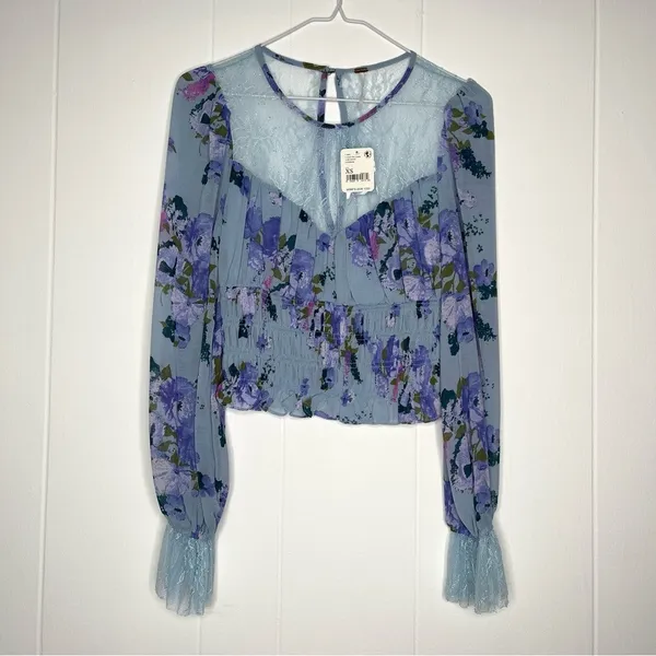 Free People Daphne Floral Lace Blouse In Silver Blue Combo NWT XS - Image 5