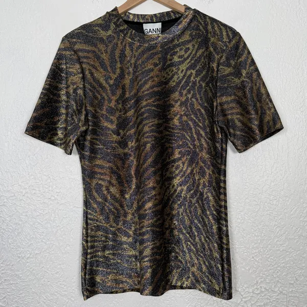Ganni Lurex T-Shirt Tiger Print Metallic Size 42 / Large NWT - Image 2