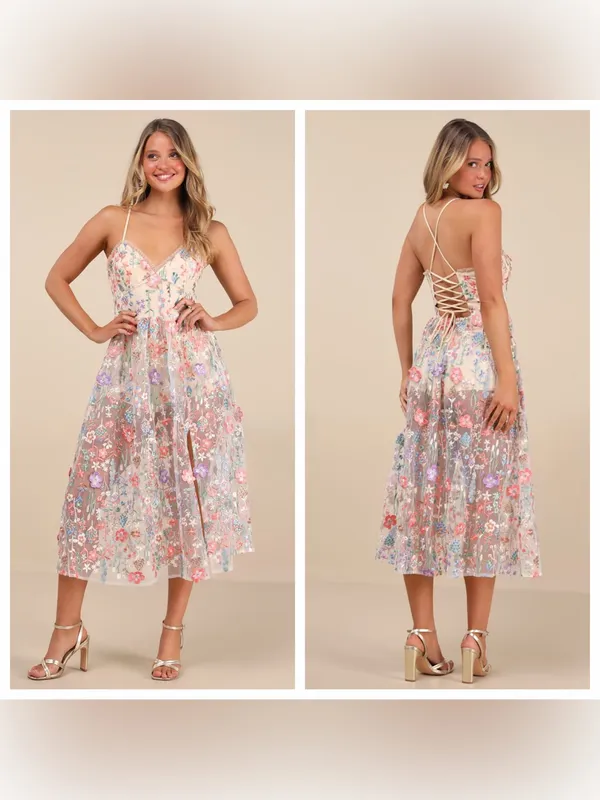 Lulu's Mahryn Beige 3D Floral Embroidered Midi Bodysuit Dress - Image 2