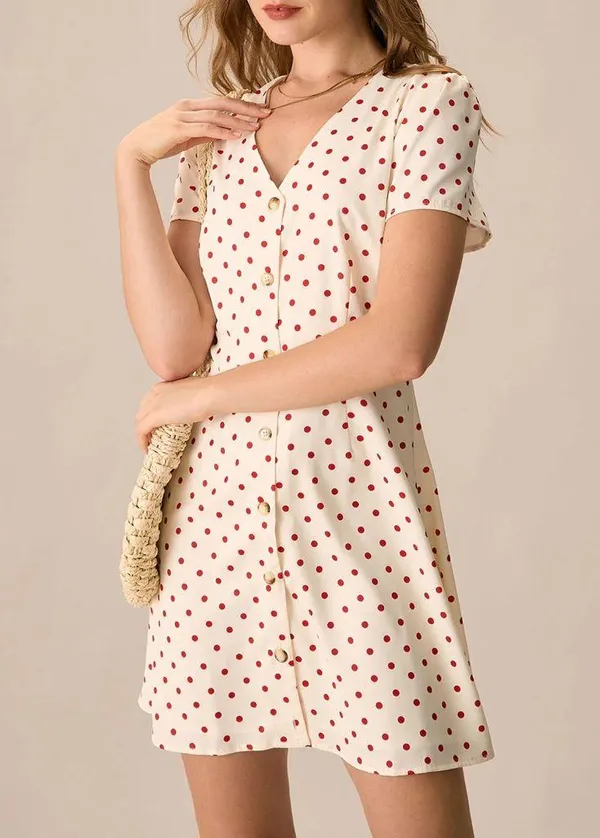 Rihoas Beige Polka Dot Button Mini Dress White - Image 3