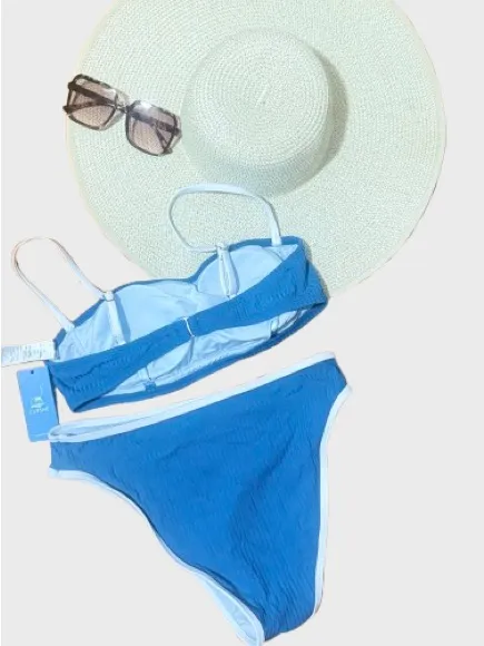 Cupshe Blue Ribbed Two-Piece Bikini with Light Blue Trim - Image 3