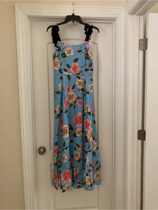 GB Women Powder Blue Floral Maxi Dress with Black Tie Straps - Image 5