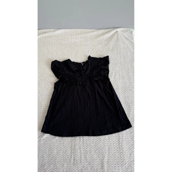 Anthropologie Black Flutter Sleeve Ruffle Tie Neck Lace Trim Boho Top Small - Image 2