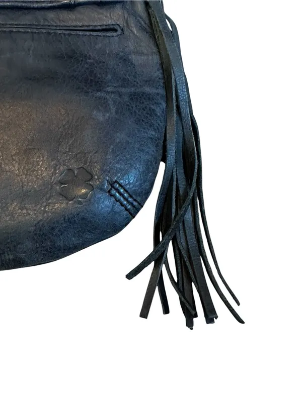 Lucky Brand Vintage Fossil Blue Leather Mini Bag Tassle Fringe Trim Y2K Boho Hippie Indie - Image 4