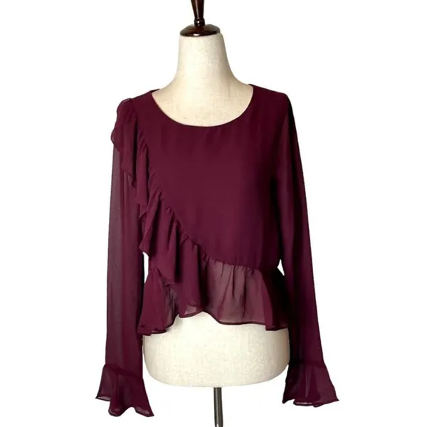 Line & Dot Revolve Burgundy‎ Violet Ruffled Long Bell Sleeve Blouse Size XS - Image 2