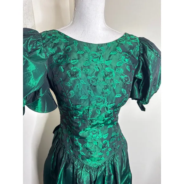 VTG 80s Emerald Green Iridescent Taffeta & Floral Prom Party Dress Whimsigoth - Image 4