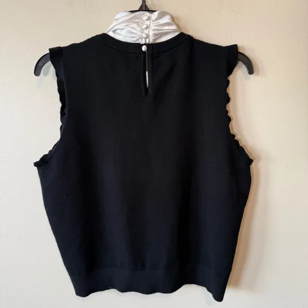 Cinq à Sept L Black White Tie Neck Sleeveless Knit Top Ruffle Luxury office core - Image 7