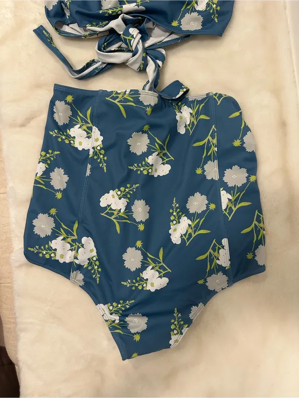 Kortni Jeane swimsuit Blue Floral Tie-Front high waisted two Piece swimmer - Image 3