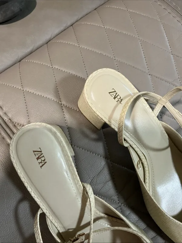 Zara Cream Textured Square-Toe Ankle Strap Mules - Image 3