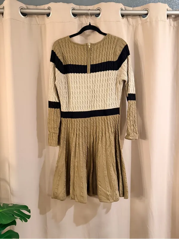 Calvin Klein Beige, Black and Cream Cable Knit Fit-and-Flare Dress - Image 2