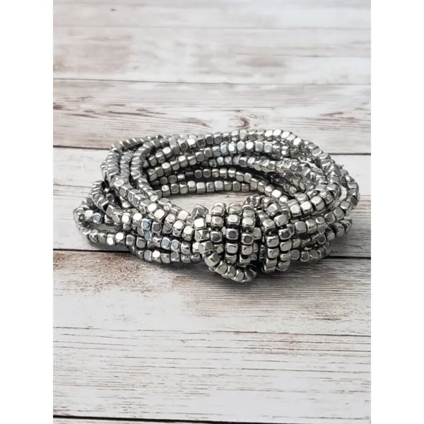 Vintage Bracelet / Bangle Stretchy Silver Tone Beads with Knot Design - Image 3