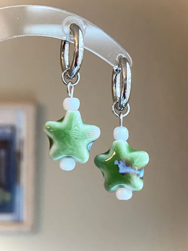 Handmade green ceramic star boho fairy cottage y2k hoop earrings⭐️💚 - Image 2