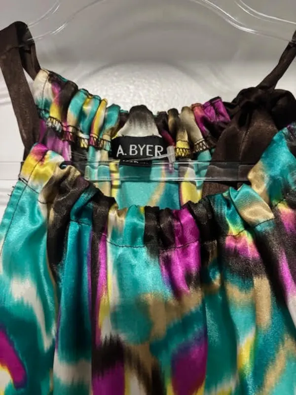 A. Byer Abstract Multicolored Print Satin Halter Top Tie Shoulder NWOT Size L - Image 6
