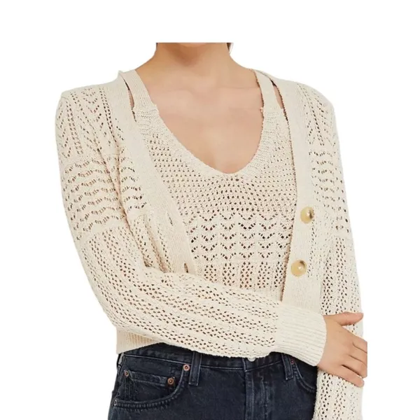 Anthropologie Pointelle Knit Cardigan Sweater Cream Cotton Open Knit Womens XS - Image 2