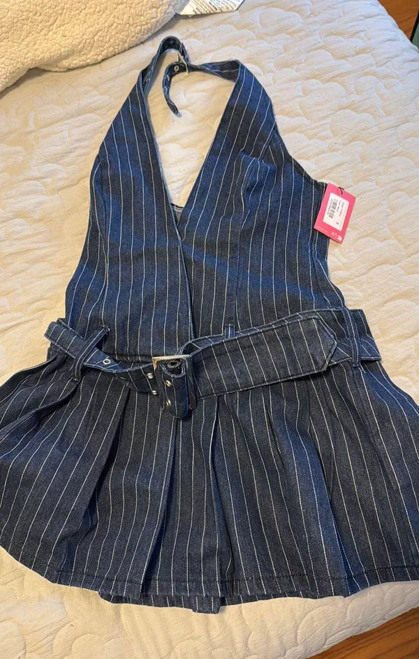 Edikted Pin Stripe Denim Mini Dress - Image 4
