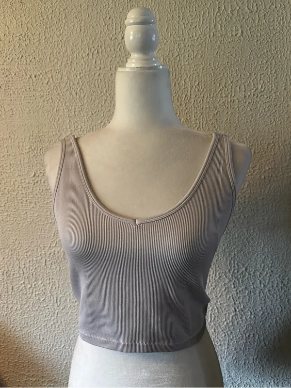 Yogalicious Ribbed Scoop Crop Tank Top - Taupe - Image 4