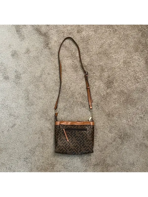 Ellen Tracy Signature Monogram Zip Medium Crossbody Bag Brown Faux Leather Purse - Image 4