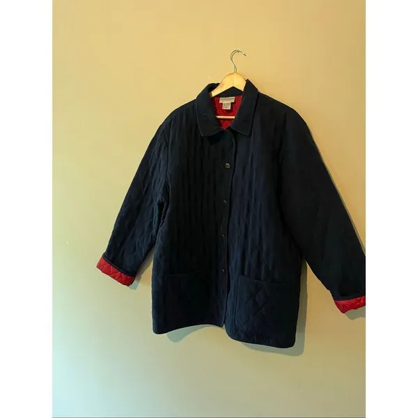 Vintage Alfred Dunner Quilted Jacket Navy Blue Red Lining Soft Barn Coat Size 18 - Image 4