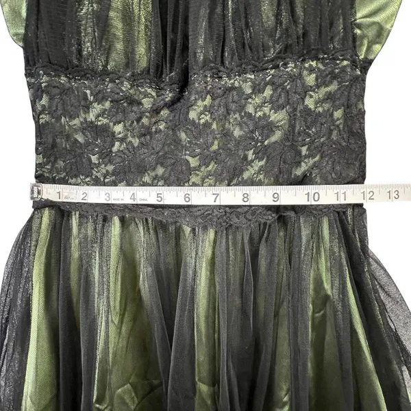 Vintage Y2K Cumbia Dress‎ XS Green Satin Black Mesh Goth Dark Fairy Whimsygoth - Image 9